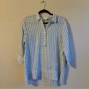 J Jill Love Linen Striped Blouse Womens Small Blue White Button Front Top